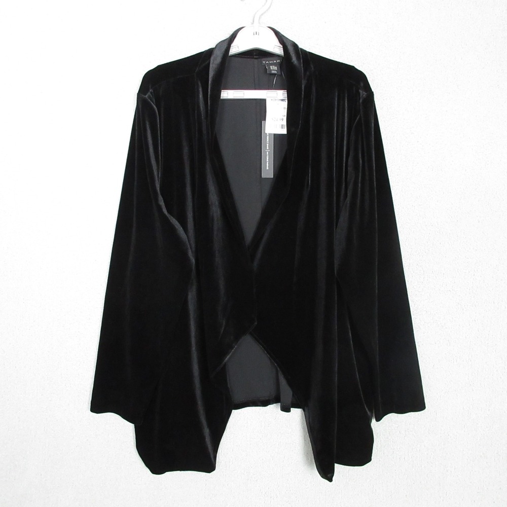 Tahari Womens 2X Black Velvet Open Front Draped Shawl Collar Cardigan Jacket NEW